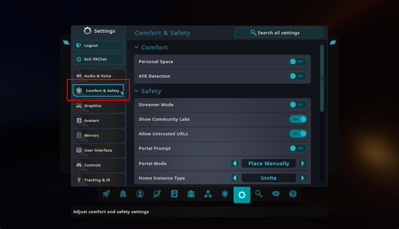 Clicking on the Comfort & Safety Tab in the VRChat Settings Menu